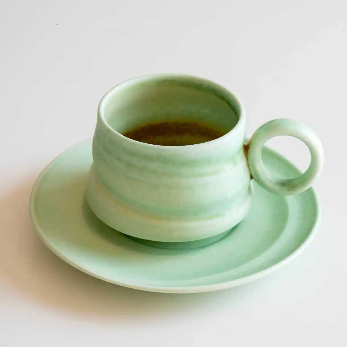 250ML Mint Green Matte Coffee Cup Plate Set Afternoon Tea Cup And Dish Sets Round Handle Water Cup Mug With Tray Y251125