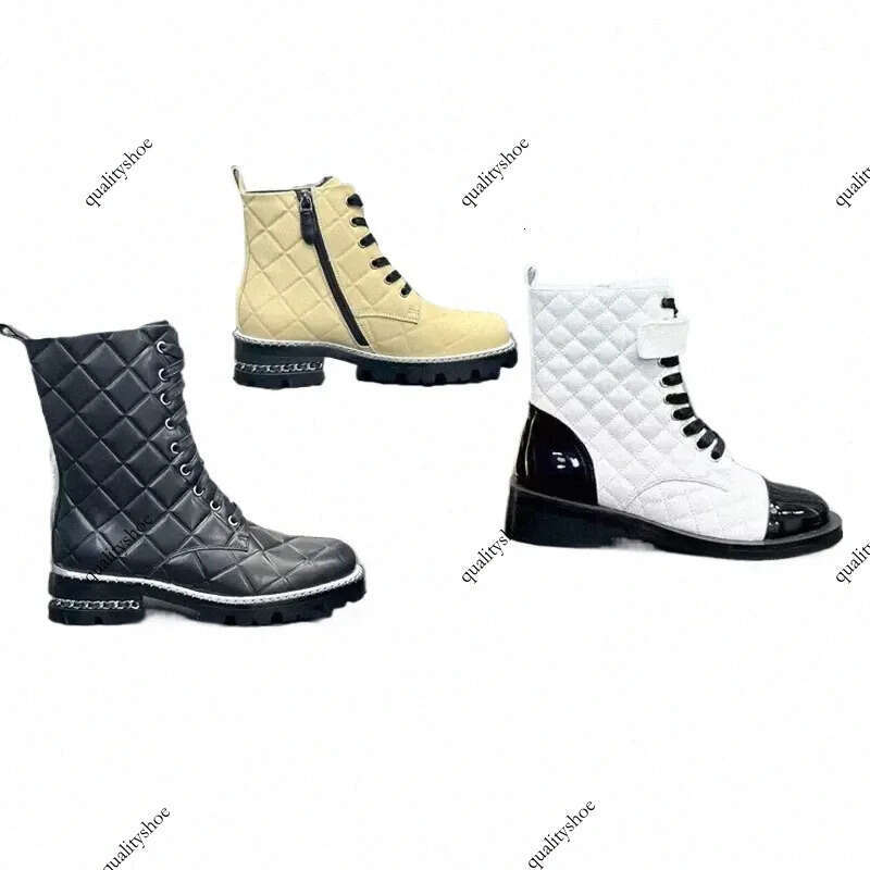 Designer short boots designer shoes 100% cowhide shoe Metallic letter Lace up womens SHoes Thick heels Leather High heeled Fashion Lady Flat zipper boot black