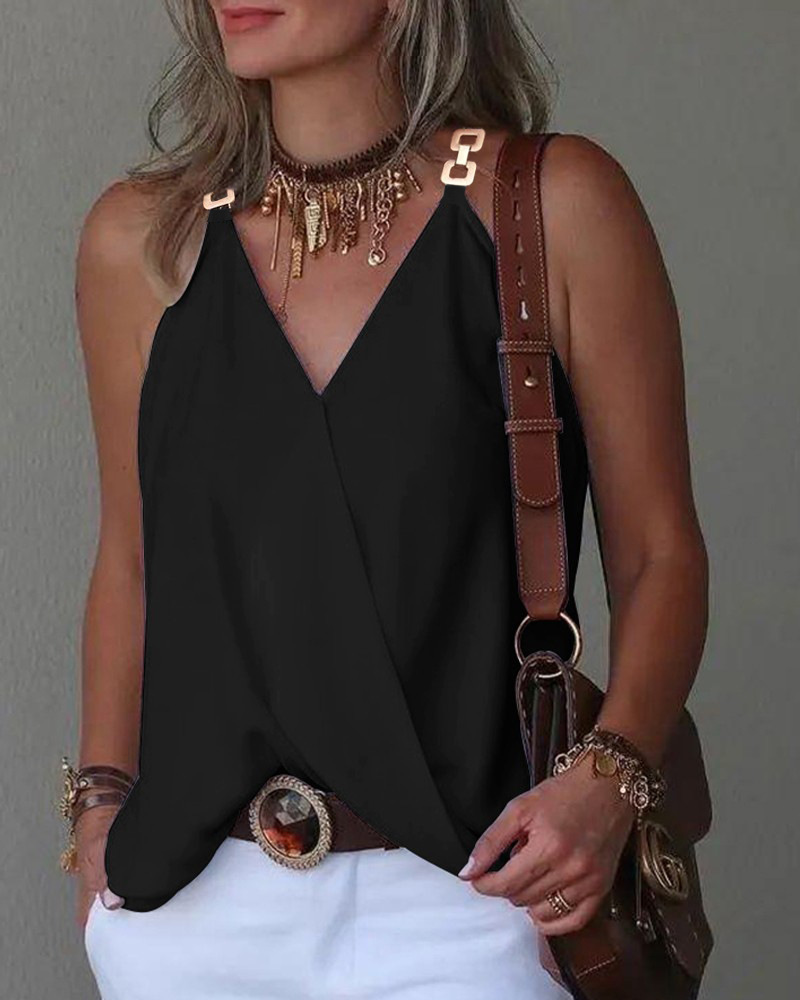 2023 Summer minimalist V-neck metal buckle printed small tank top for women