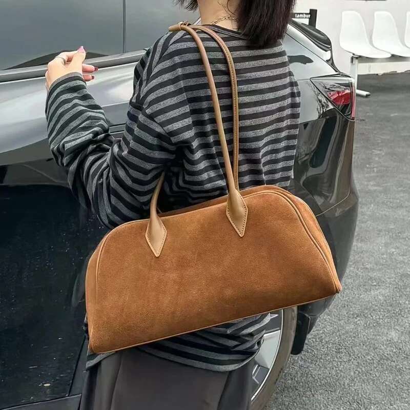 Suede Cowhide Large Capacity Boston Underarm Ladies Brown Women's Fashion Commuter Bowling Frosted Shoulder Bag Coffe Red