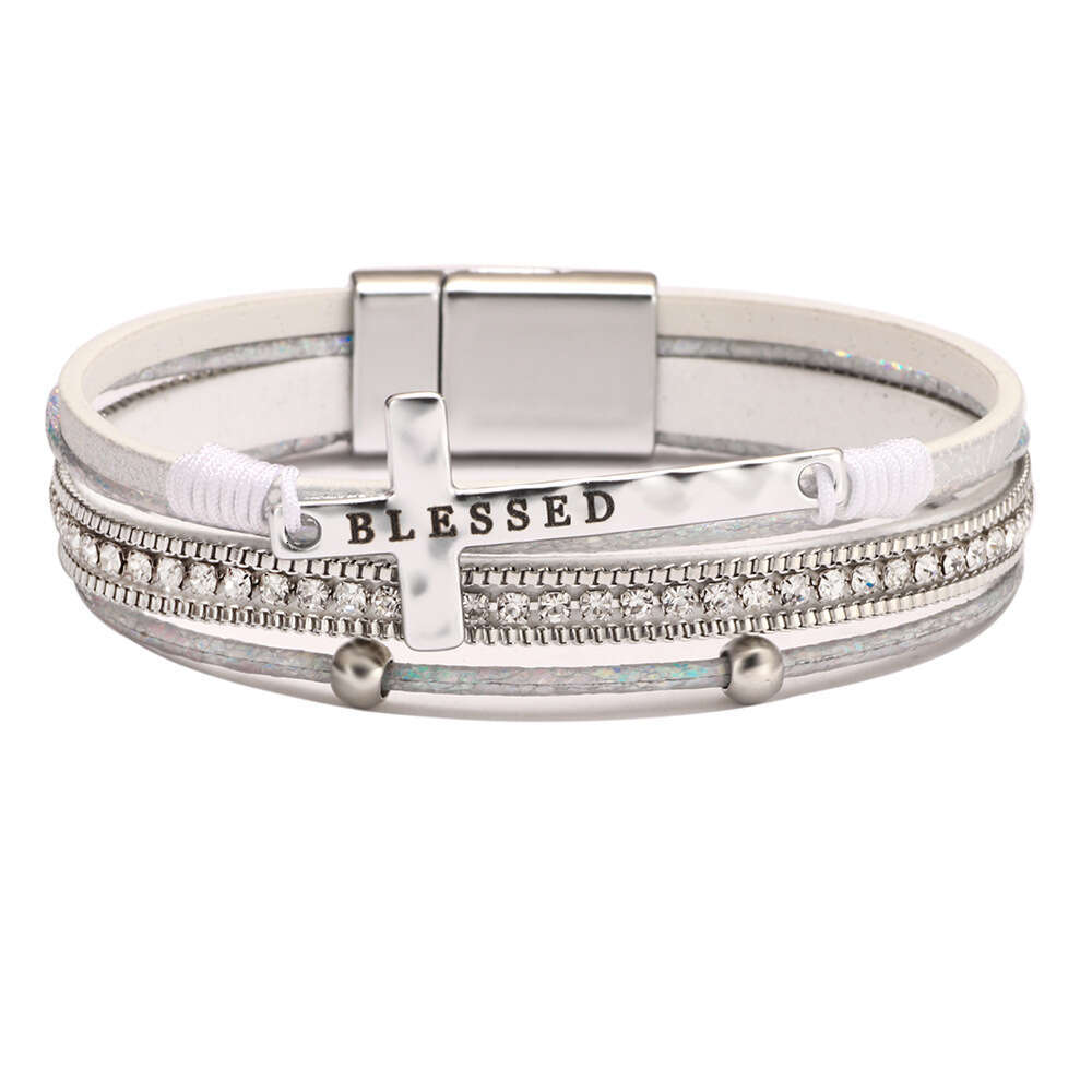 Jewelry Bohemian Cross Light Micro Set Dia Magnetic Buckle PU Leather Bracelet