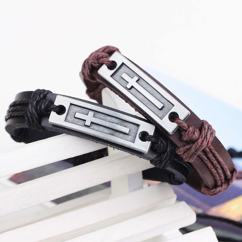 Style Metal Alloy Cowhide Cross Realizes Meaning of Simplicity Jewelry Genuine Leather Bracelet for Men