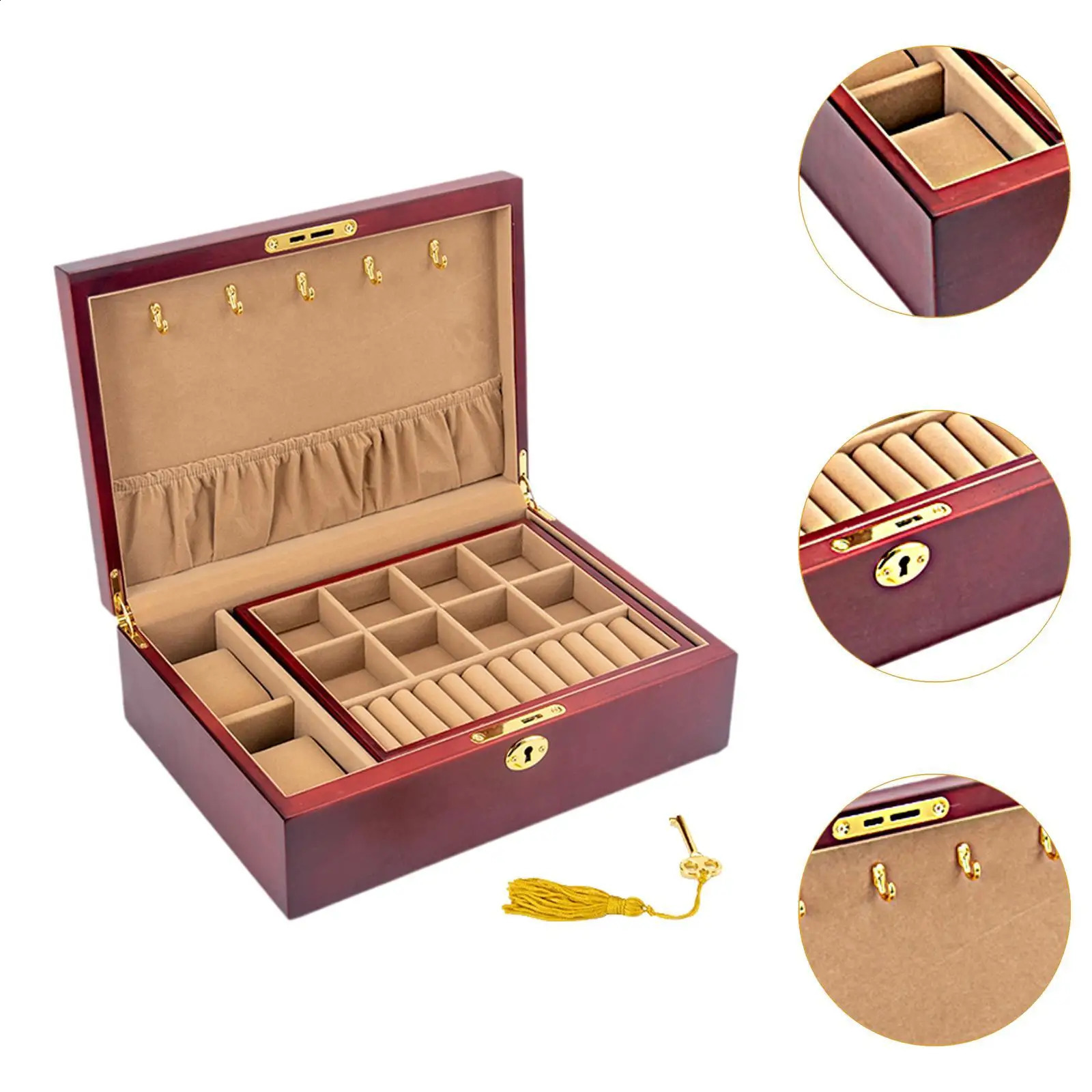 Wooden Jewelry Box with Lock and Key 2 Tier Lockable for Men Women Jewelry Display Case Trinket Box Organization Container 250424