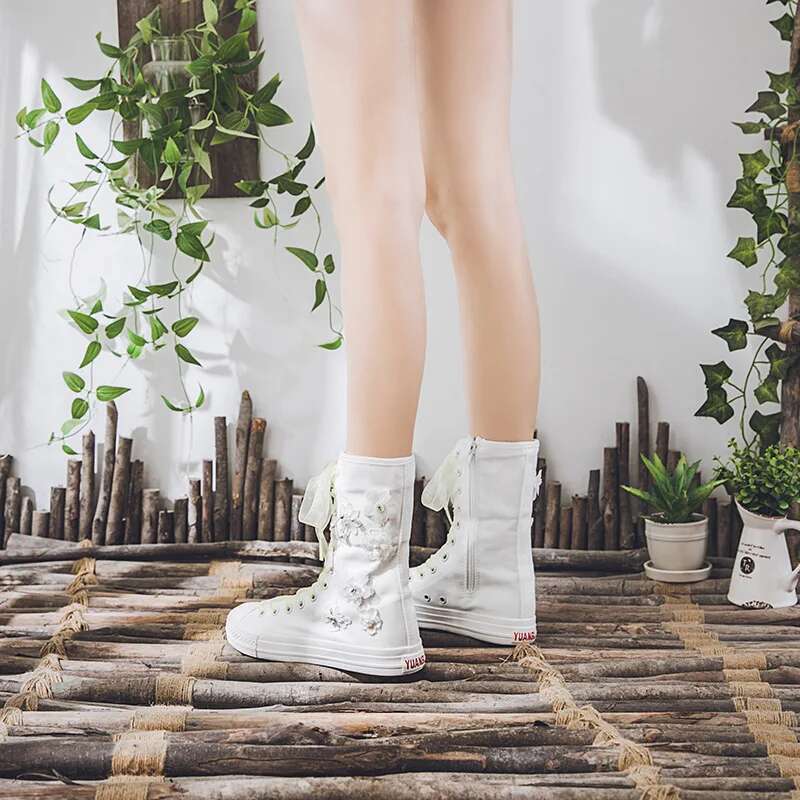 Spring new side zipper ribbon pearl butterfly flower medium canvas boots casual flat heightening large size women's shoes
