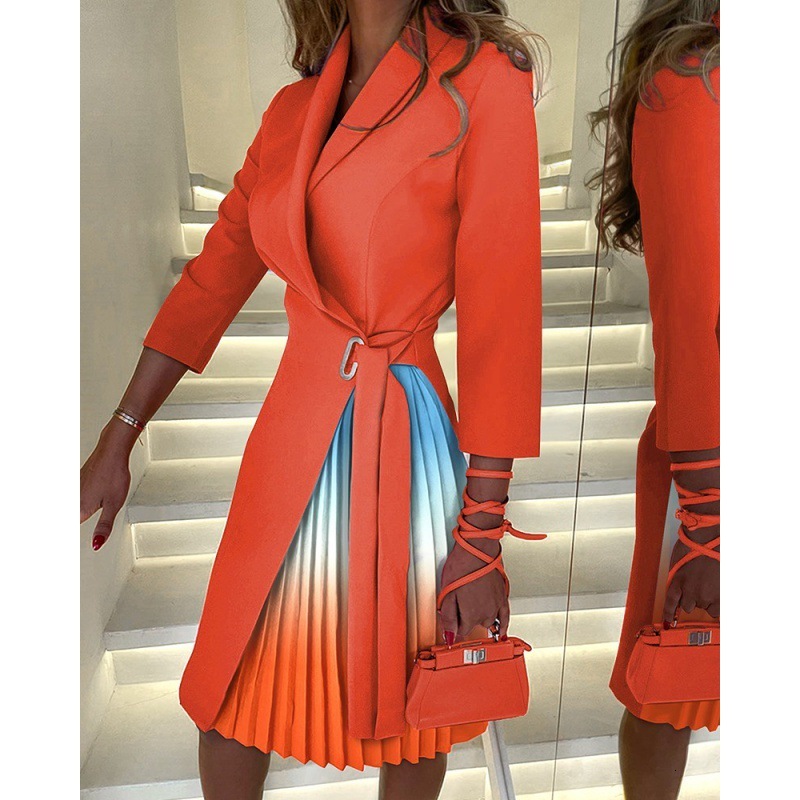 New V-neck fashion lace up waist middle sleeve pleated dress