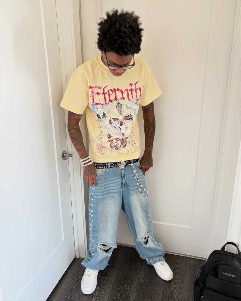 New American dark retro T-shirt skull print casual loose ultra-fine short sleeved fashionable high street round neck mens clothing W250425