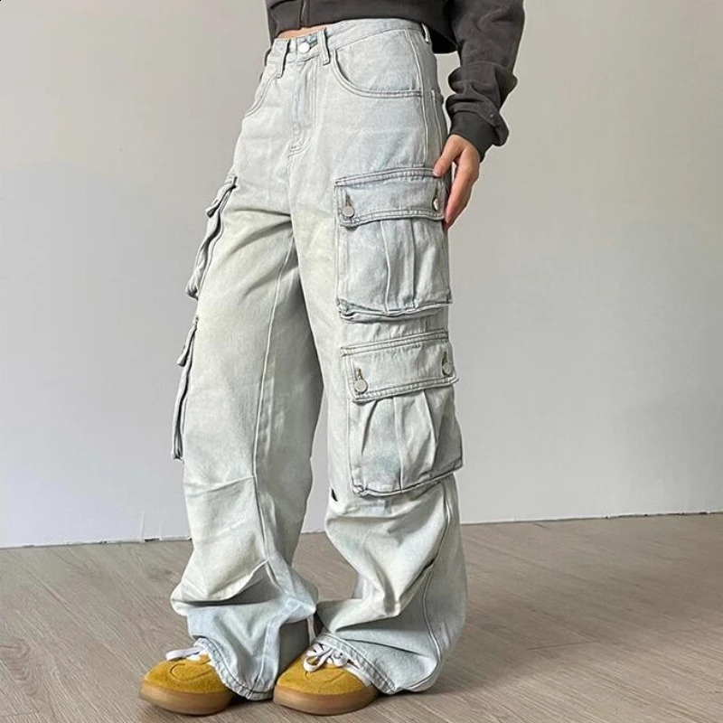 Autumn and winter womens cargo jeans American street style bagged cargo pants womens blue multi pocket wide leg jeans 250422