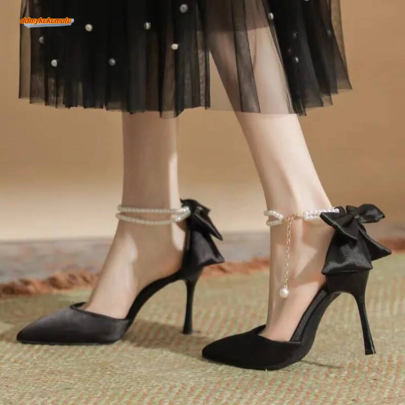 New Women Thin Heel Hollow Sandals Woman Pearl Butterfly Pointed Toe High Heels Pumps Womens Drees Wedding Shoes ddmykukumalu