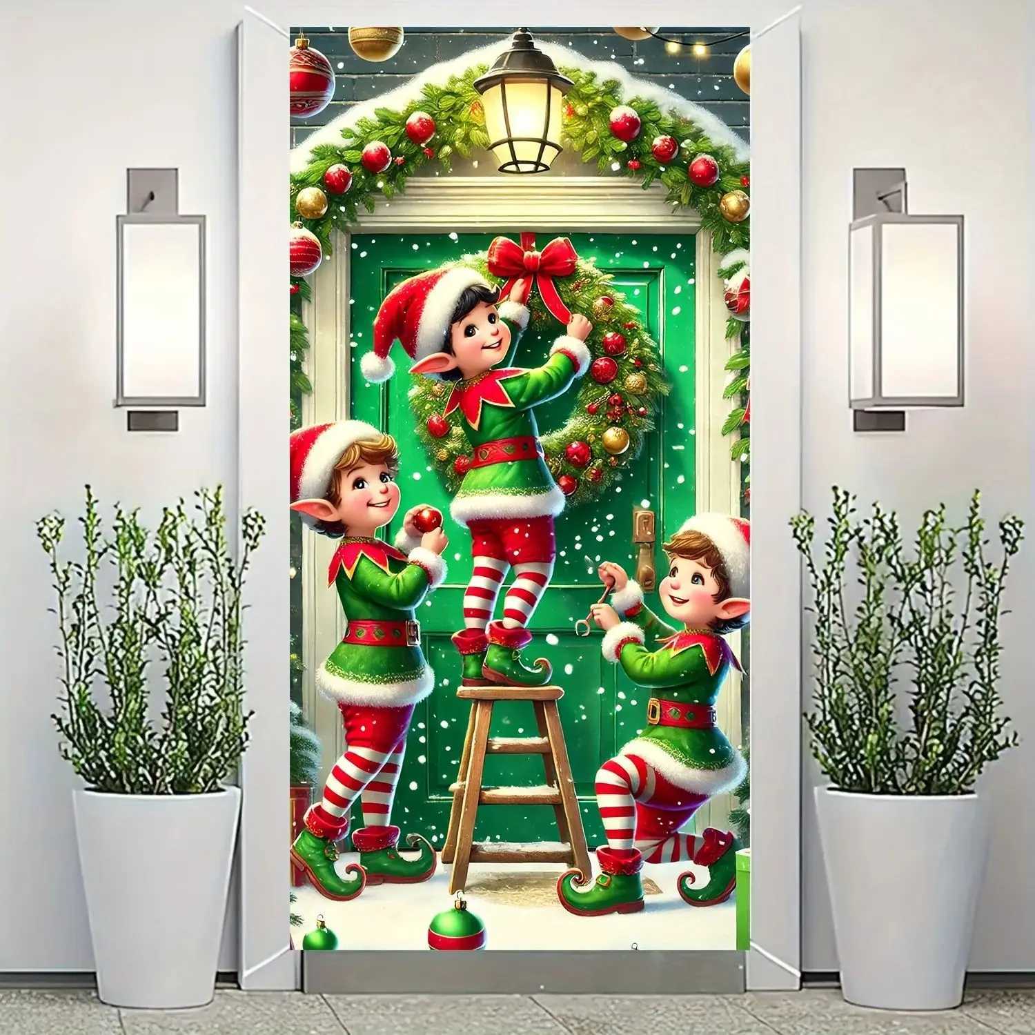VIKAMA Christmas Elf Wreath Tapestry Door Curtain Holiday Decoration Suitable for Entrances Living Rooms and Party BackdropsM251125