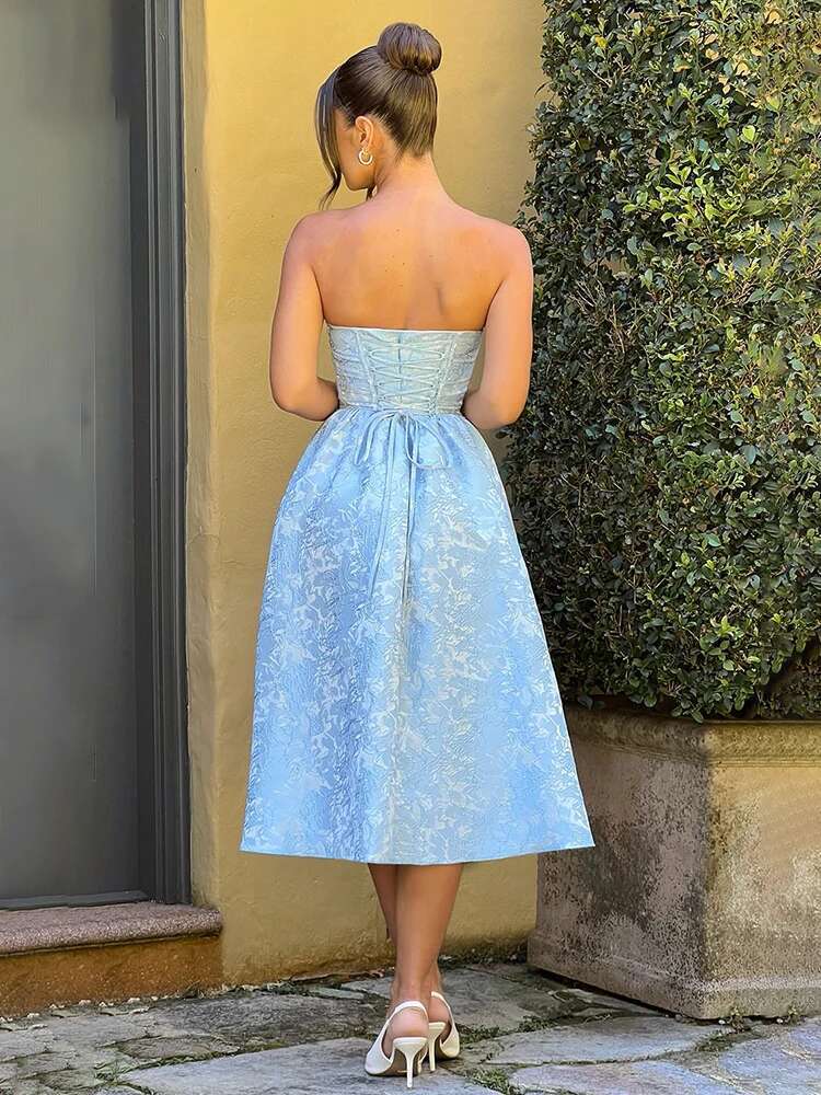 Dongdumaoyi Townlike Jacquard Elegant Waist Wrap A Line Dress Women Spring Summer Midi Long Backless Sexy Party Dresses