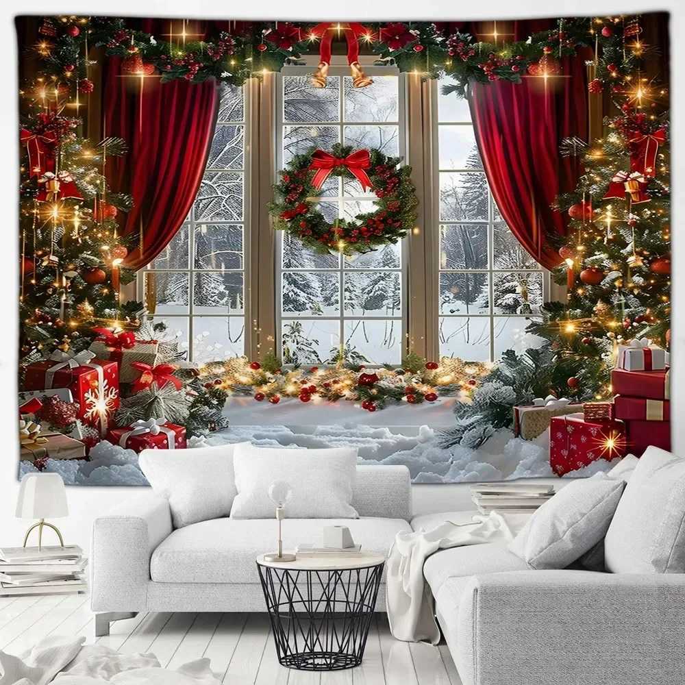 Christmas Day party decoration tapestry Winter snow scene Christmas tree garland window landscape wall hanging home decorationM251125