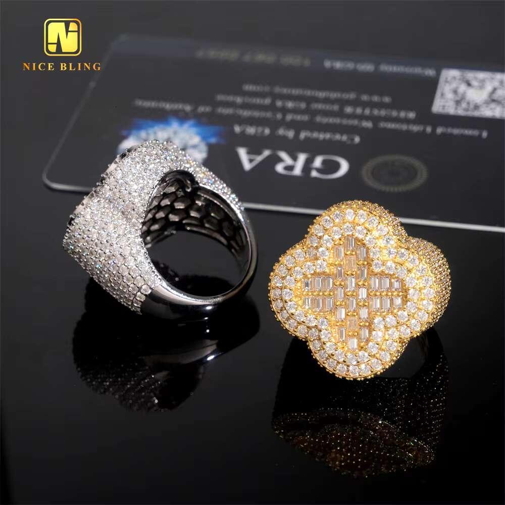 GRA Certificate Baguette Hip Hop Rapper VVS Moissanite Fine Jewelry Diamond Men Rings Iced Out Jewelry 925 Silver Clover Ring
