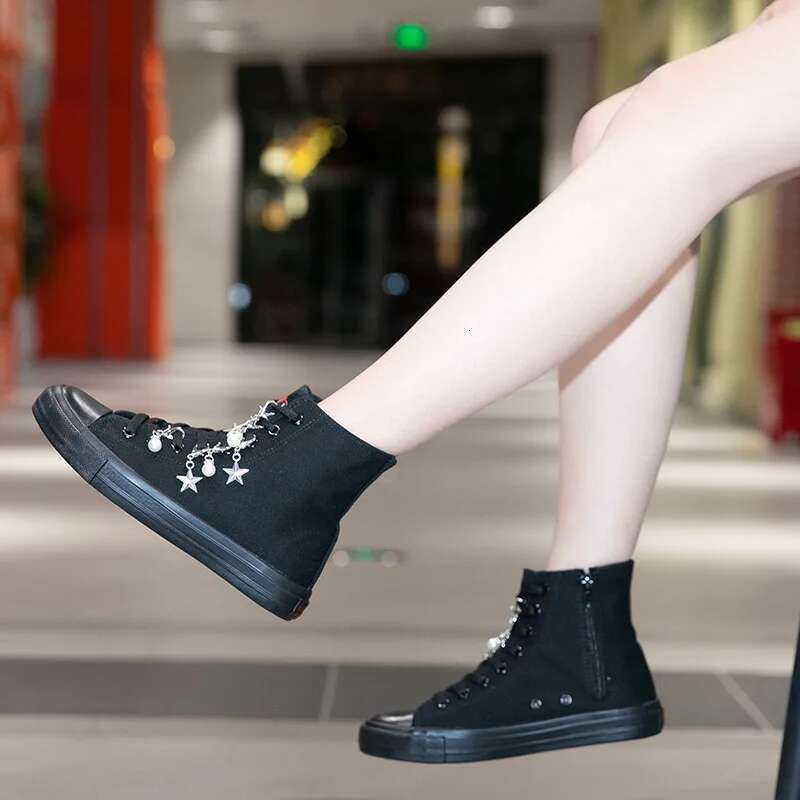 Spring new high-top cross-tie pearl rhinestone chain canvas flat inner heightening casual daily large size women's shoes