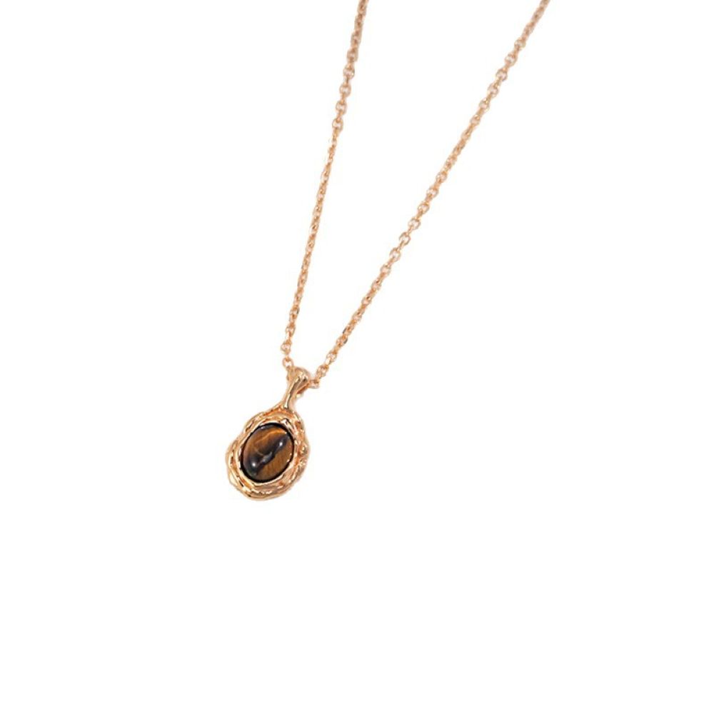 TaiYang 2025 New Maillard Style Tiger Eye Vintage Bezel-Set Oval Tigers Eye Pendant, Copper Statement Necklace for Women with Retro Luxe Appeal