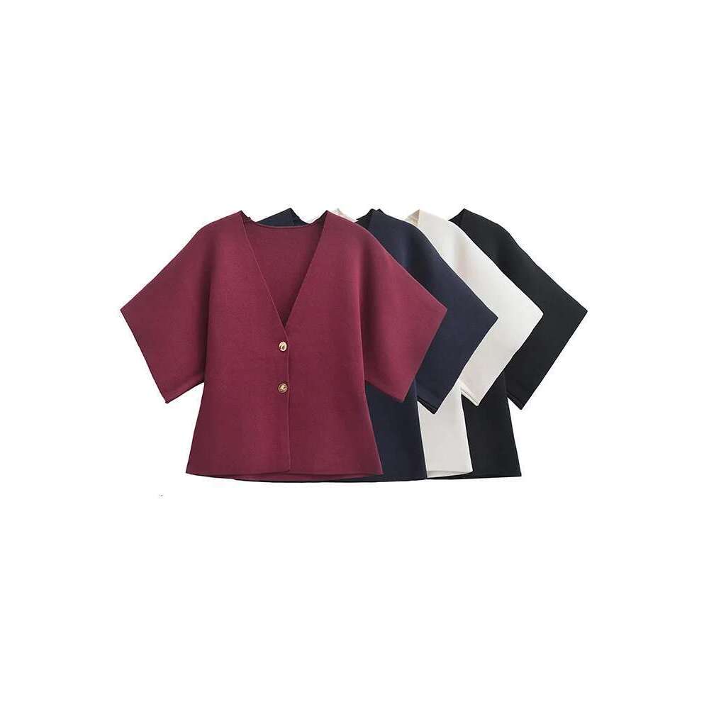 2024 European And American Autumn New Women's Fashion Simple Style Casual Plain Needle Short Sleeve V Neck Knitted Top