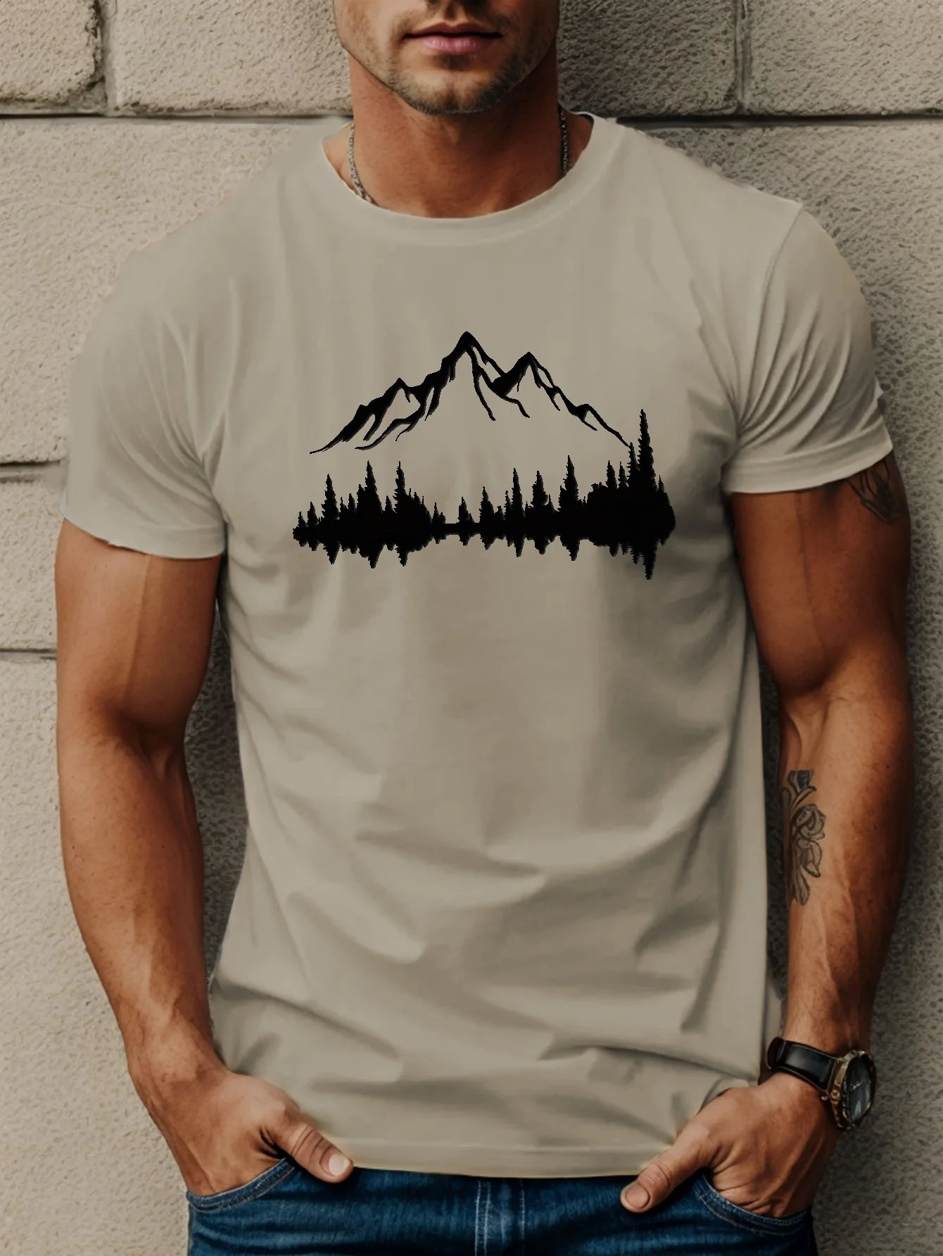 Summer mens 100 pure cotton casual loose large mountain and tree print sports comfortable round neck short sleeved Tshirt 250417