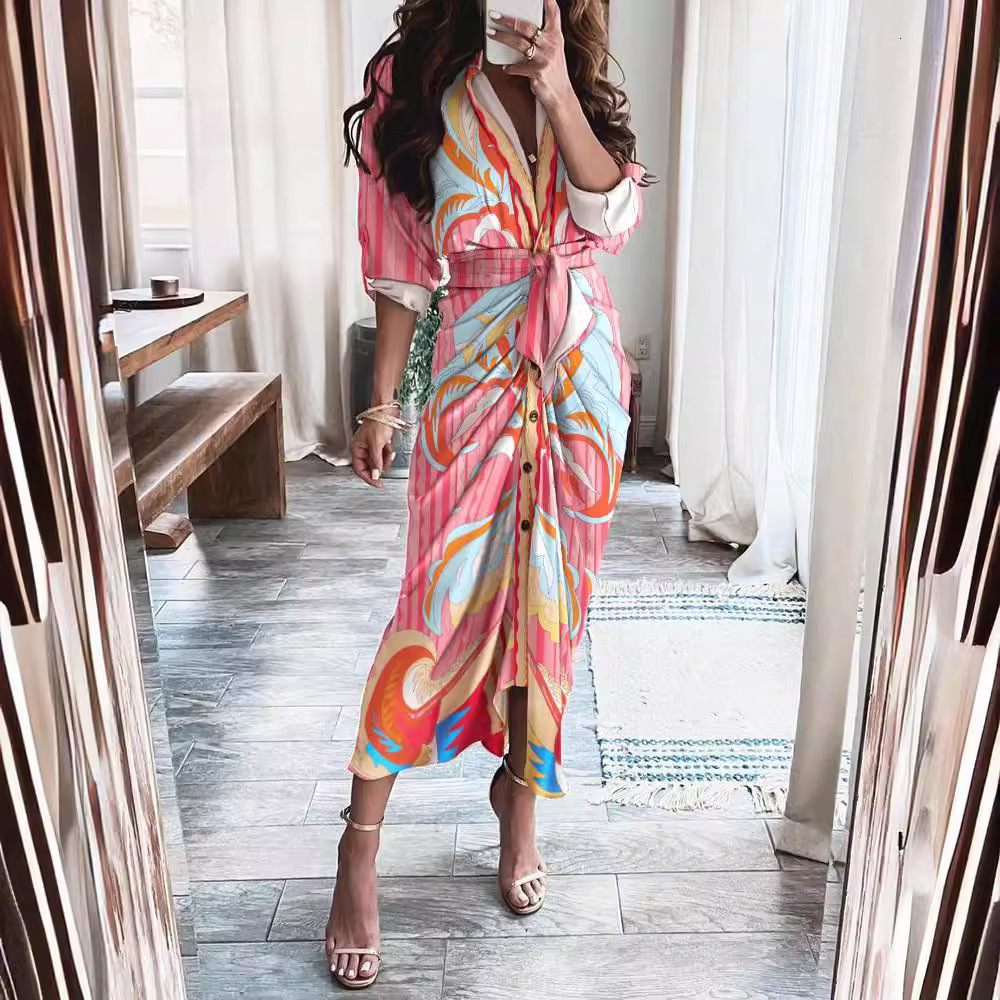 2021 summer long sleeved V-button short sleeved printed dress long skirt
