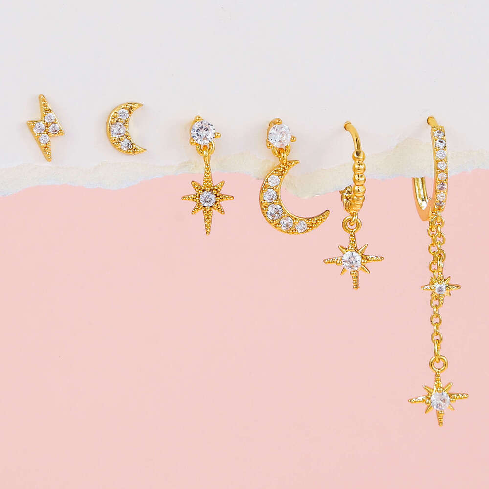 Moon Chain tassel Hexagram Star Personalized Fashion Zircon Earnail Set Women's Eardrops Earrings