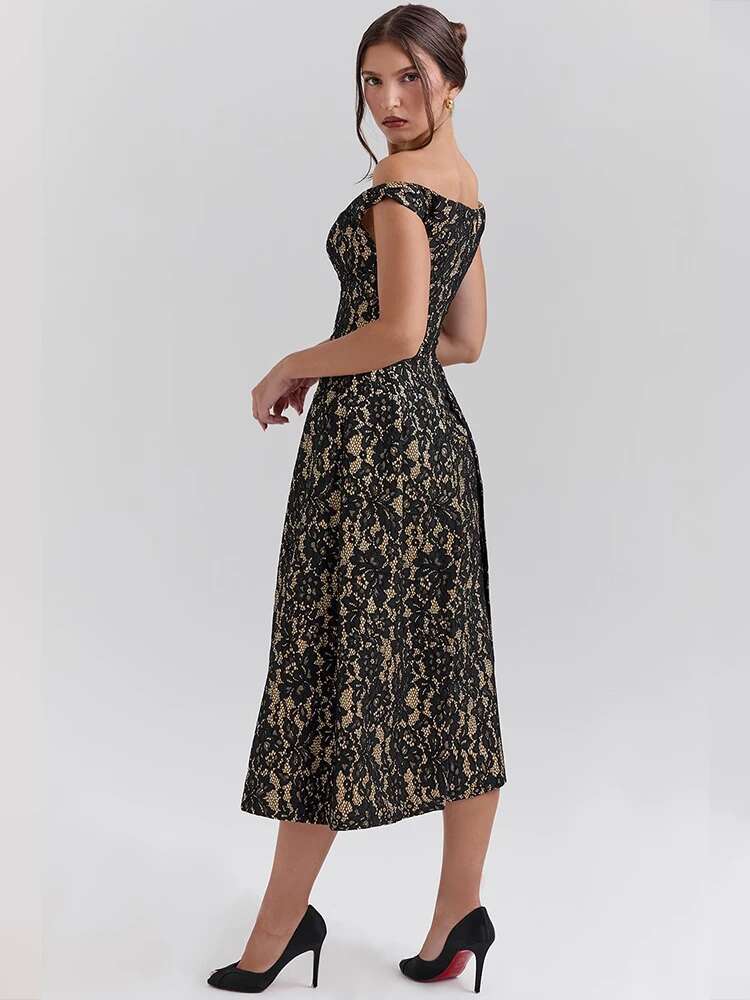 Dongdumaoyi Townlike Print Waist Wrap A Line Pleated Dress Women Summer Midi Long Off Shoulder Nightclub Sexy Party Dresses