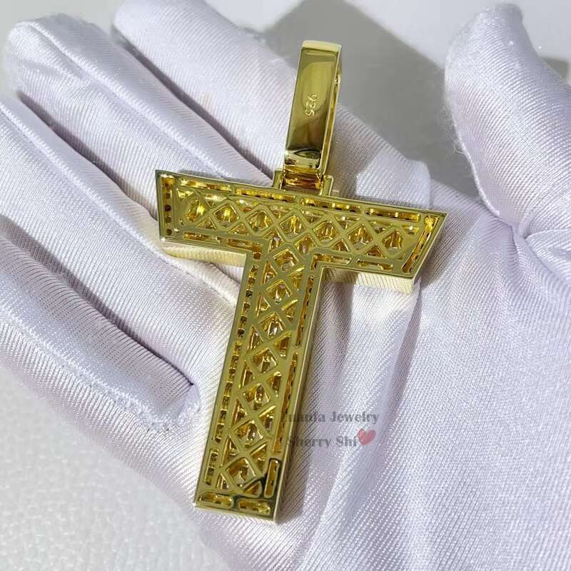 Yellow Gold Baguette Cut Letter Pendant Custom Name Chain VVS Moissanite Diamond Initial Necklace