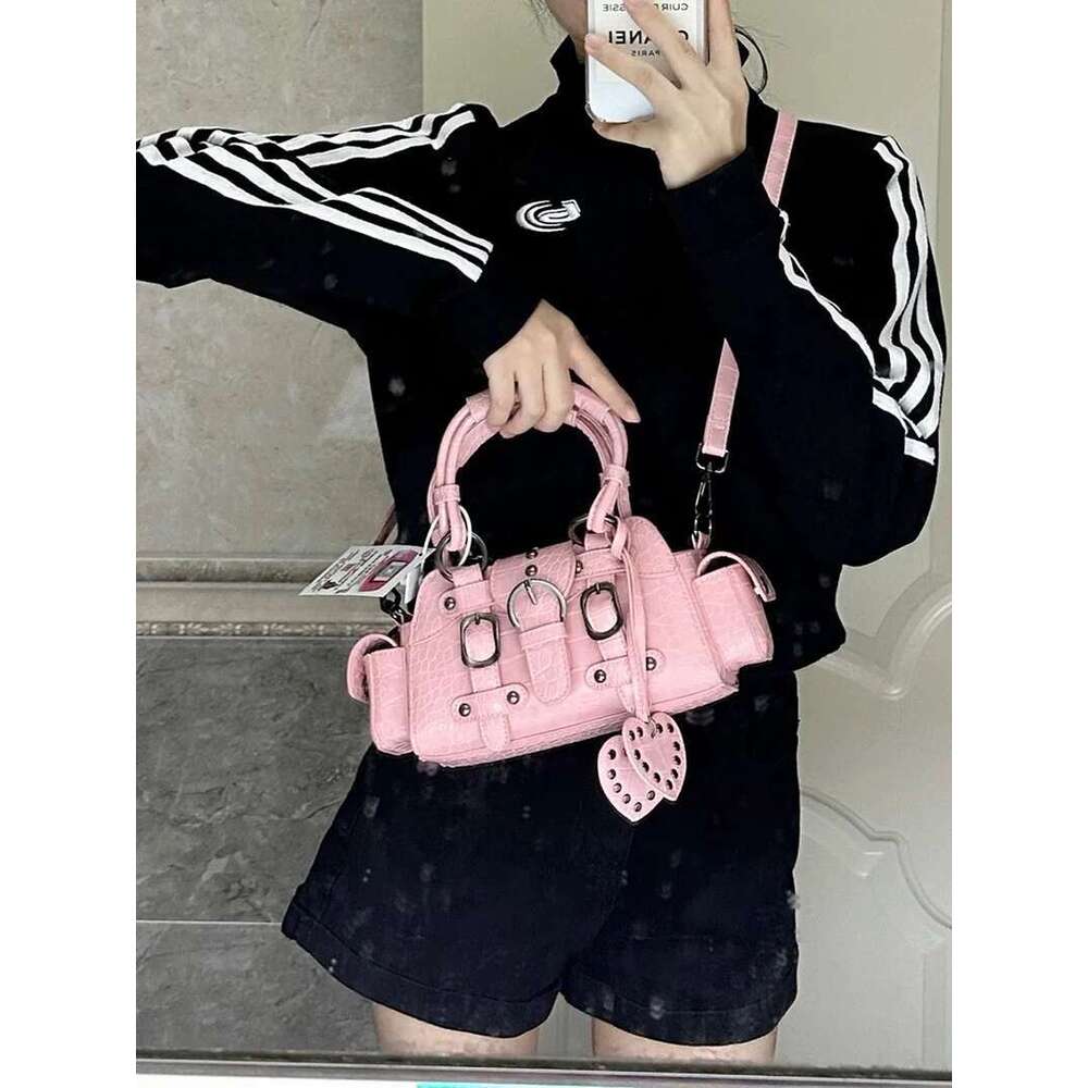 JIAERDI Vintage Pink Messenger Women Y2k Grunge Rivet Handle Crocodile Designer Female Fairycore Aesthetic Bag