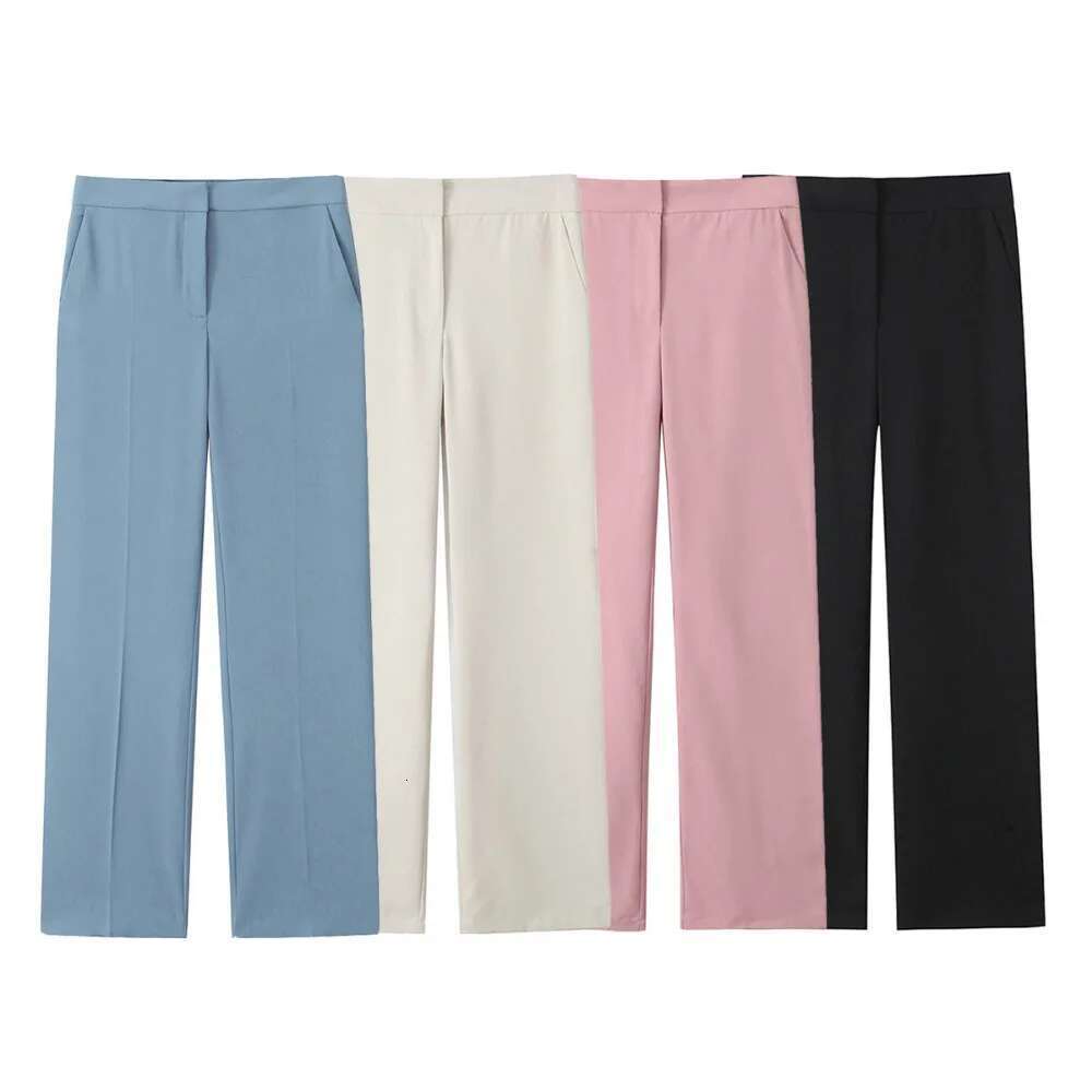 ZBZA Women's Pleated Lace-Up Pants Suit Sexy Hidden Zipper Top High-Waist Double-Pocket Straight-Leg Trousers Summer New Set