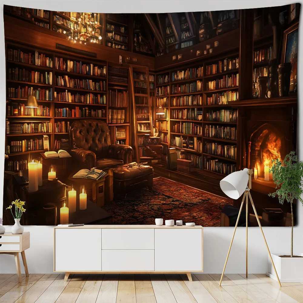 Magic bookshelf wall mounted tapestry library living room background cloth aesthetic bedroom decoration dreamy home decorM251125