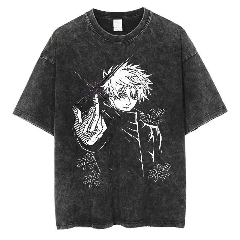 Anime washing T-shirt Harajuku summer 100% pure cotton short sleeved oversized T-shirt retro streetwear T-shirt W250425