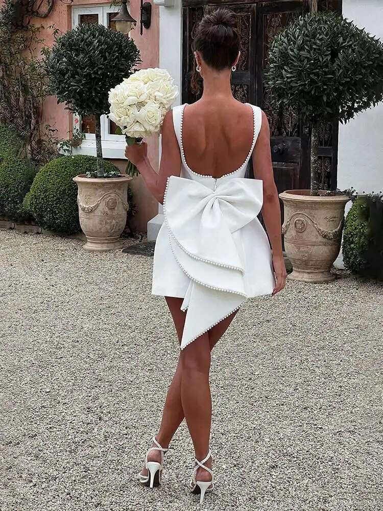 Dongdumaoyi Townlike Bow Pearl Backless Sexy Party Dress Women Mini Summer Elegant Waist Wrap A Line Dresses Vestidos
