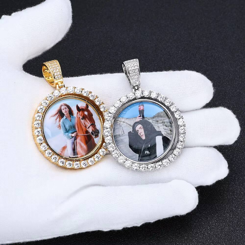 NUOYA 925 Sterling Silver Moissanite Photo Pendant Double Sided Rotating Circle Iced Out Custom Memory Jewelry Gift for Women
