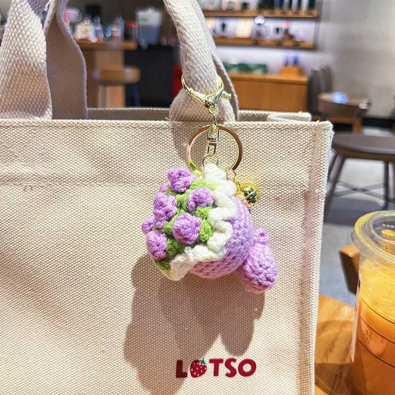Cute Crochet Bouquet Keychain Mini Hand-knitted Flower Keychain Ring Car Bag Hanging Pendant Ornament Lover Valentines Day giftXJ251125