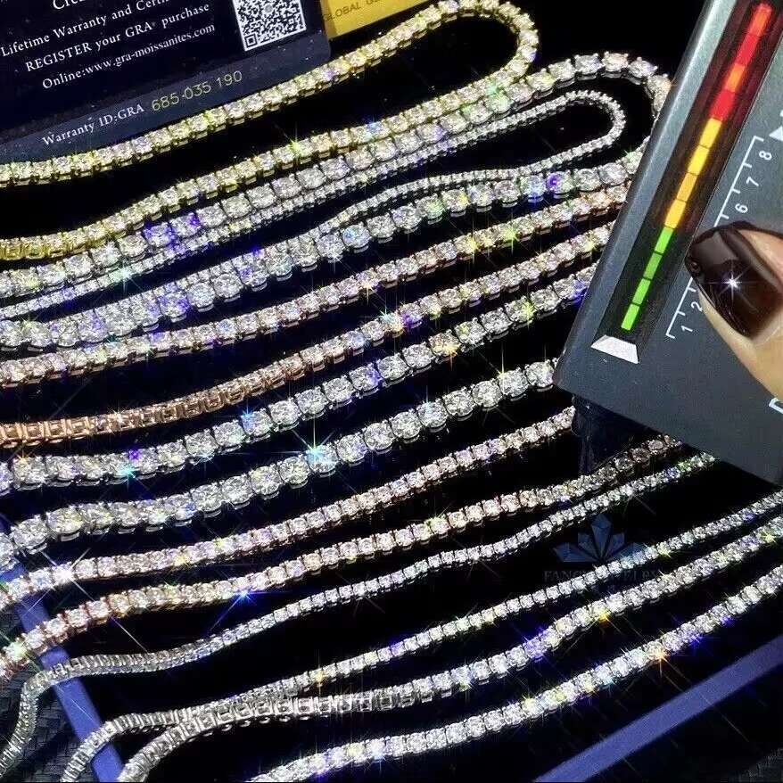 Exquisite VVS D Moissanite Tennis Chain Hip Hop 925 Silver 3mm 4mm 5mm Tennis Bracelet Necklace Fashion Gold and White Jewelry