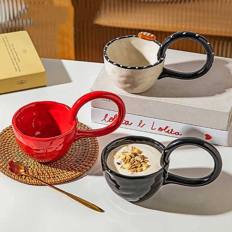 200ML Solid Color Ceramic Mug Big Handle Light Luxury Drinking Cup Home Breakfast Mugs Womens Large Capacity Coffee Cup Y251125