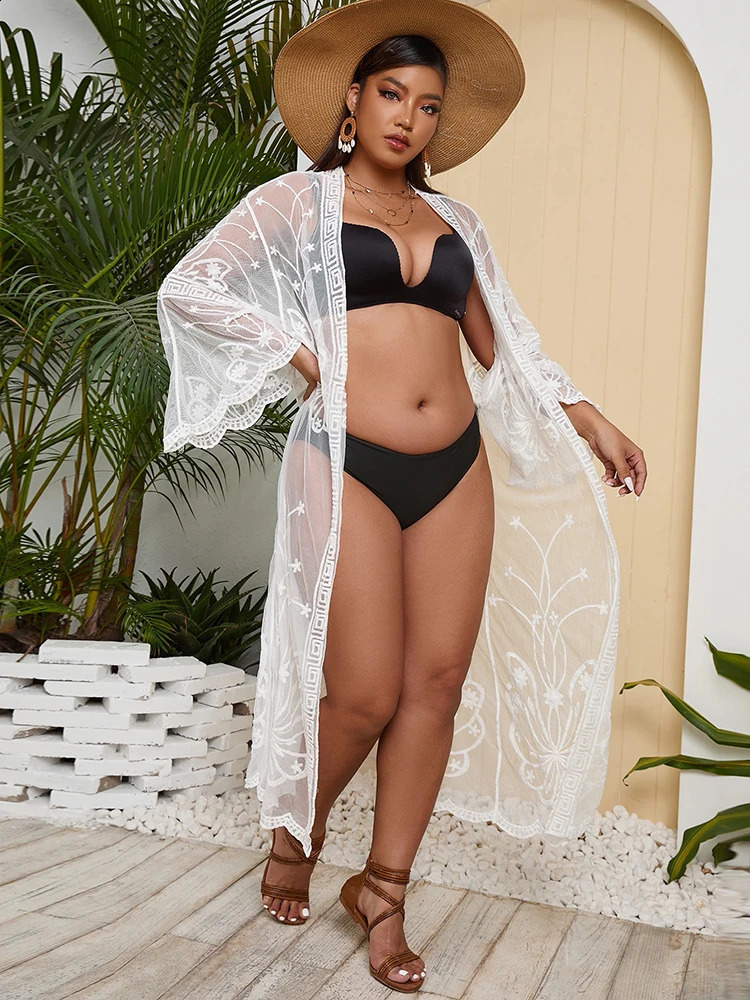 Large size summer chiffon tropical coverage kimono beach cardigan long sleeved lace embroidered printed skirt 250422