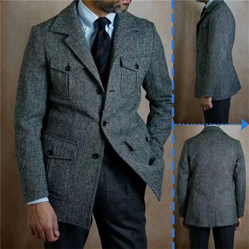 Hunting Suit Jackets For Man Winter Vintage Herringbone Tweed Male Blazer Casual Men Sport Coat Work Wear Plus Size Slim Fit NewT251125