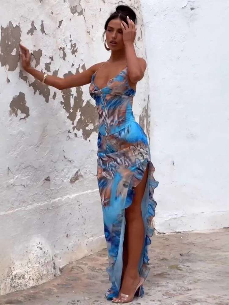 Dongdumaoyi Townlike Ruffles Asymmetric Maxi Long Dress Women Halter Spring Summer Print Backless Nightclub Sexy Party Dresses