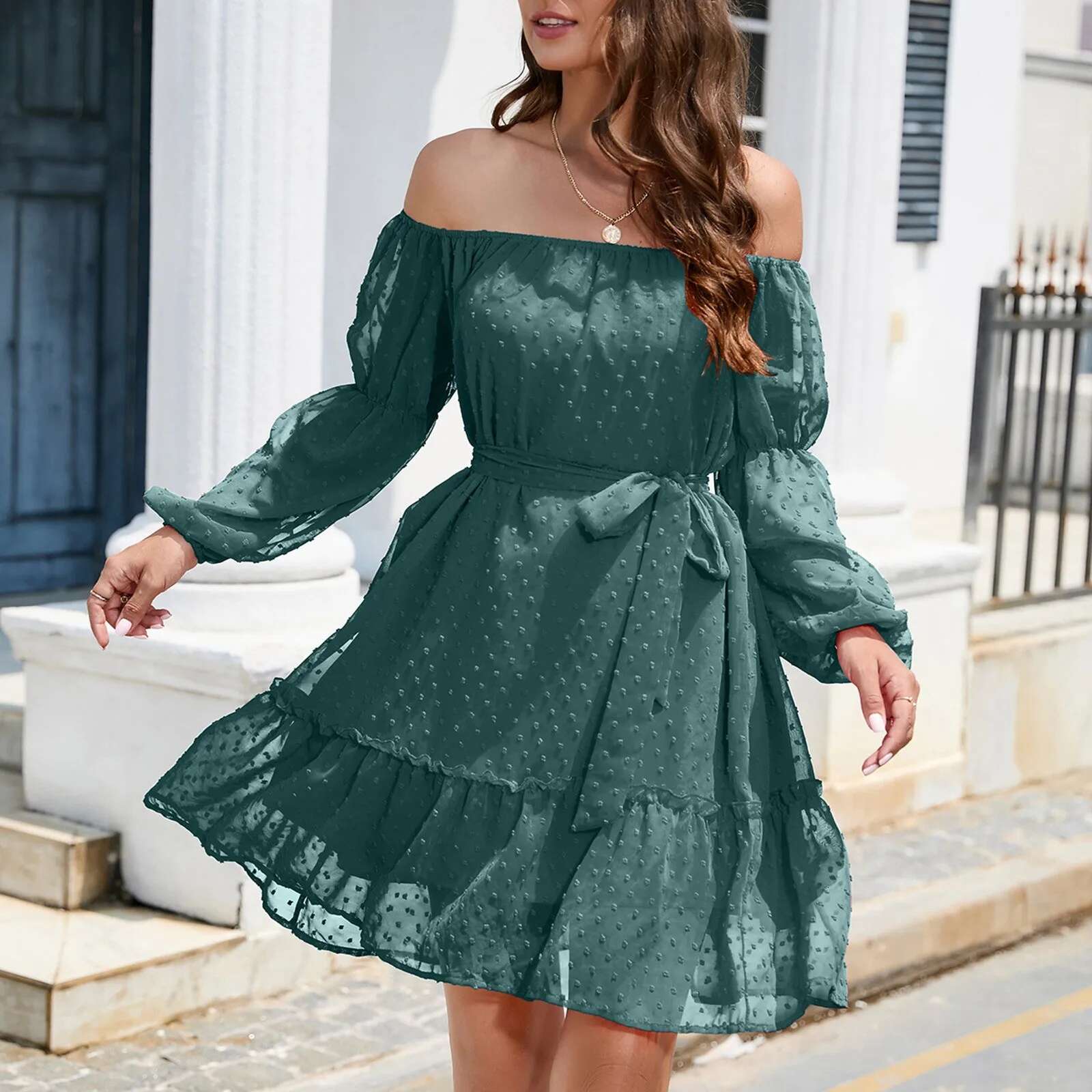 Dongdumaoyi Women S Elegant Dresses Summer Sexy Off Shoulder Solid Long Sleeve Tunic Dress Casual Jacquard Midi Vestidos