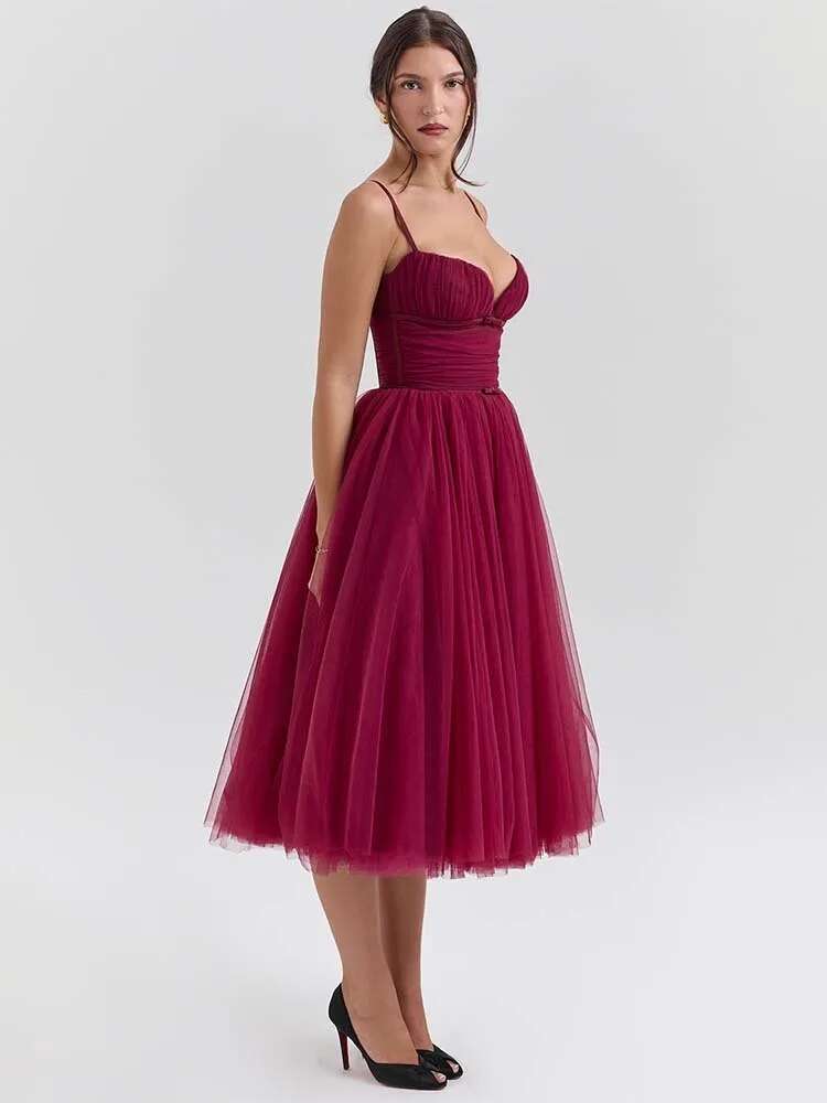Dongdumaoyi Townlike A Line Pleated Ball Gown Dress Women Spaghetti Strap Spring Summer Nightclub Sexy Party Midi Long Dresses