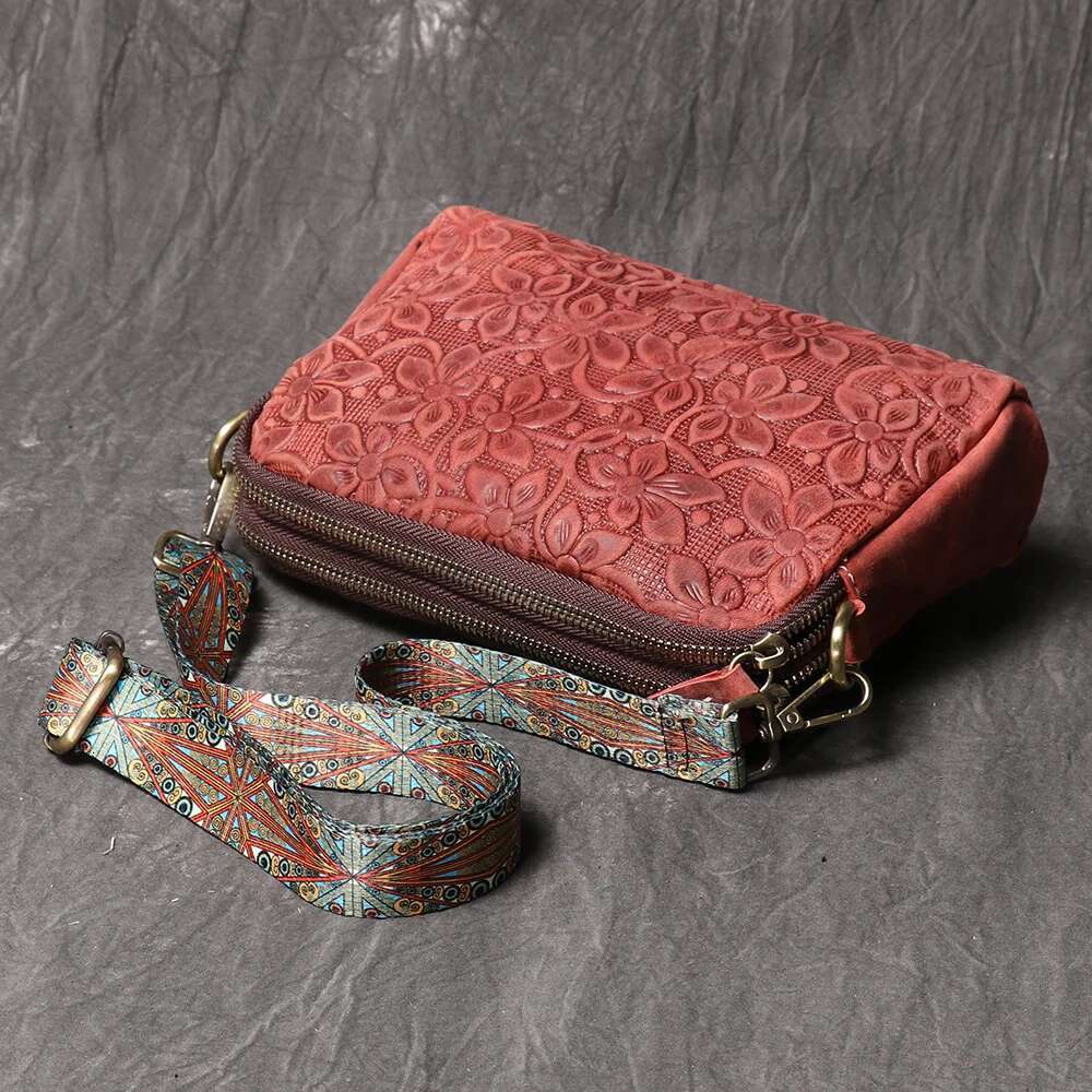LUOKIR New Women's Genuine Leather Emed Shoulder Wind Horse Cowhide Mobile Phone Bag, Vintage Style Crossbody Bag