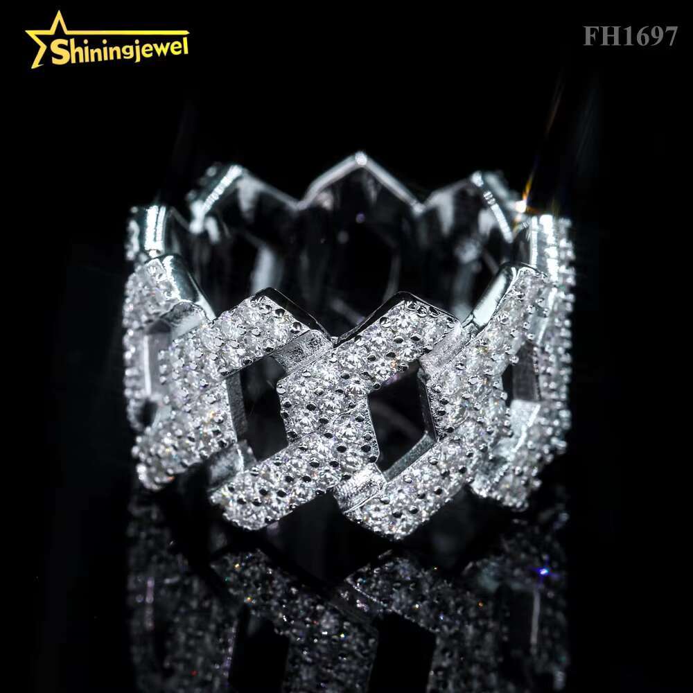 Iced Out Round Diamond Hip Hop Cuban Rings Solid Silver Men Engagement Ring Moissanite Diamond Ring