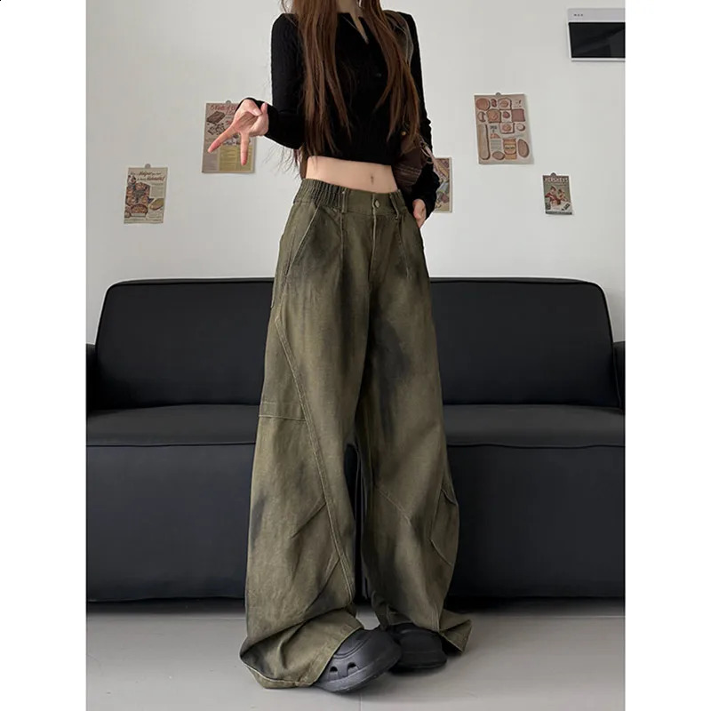 Green retro high waisted womens jeans fashion streetwear wide leg hiphop Y2K style Trouser 2025 pocket 250417