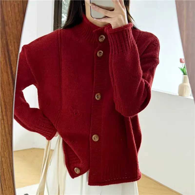 Zjaiss 2025 Autumn Winter New Loose Coats Korean Style Vintage Cardigan Women Casual Stand Collar Knitted SweaterT251125