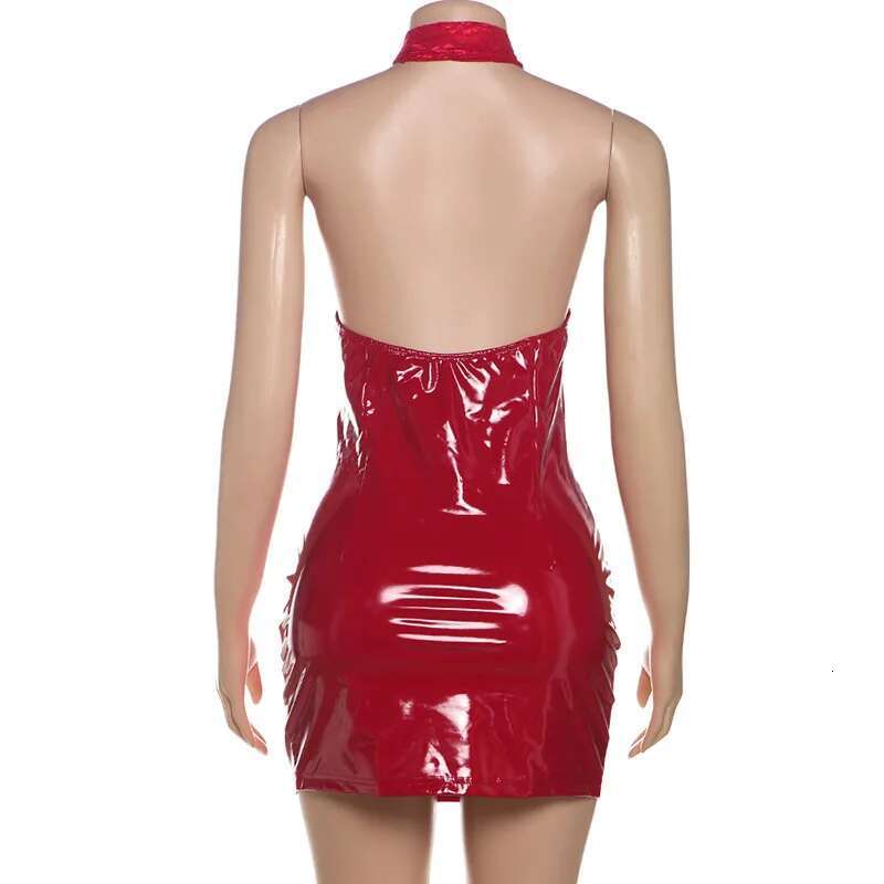 Dongdumaoyi Townlike PU Leather Lace Patchwork Slim Bodycon Dress Women Halter Mini Summer Backless Nightclub Sexy Party Dresses