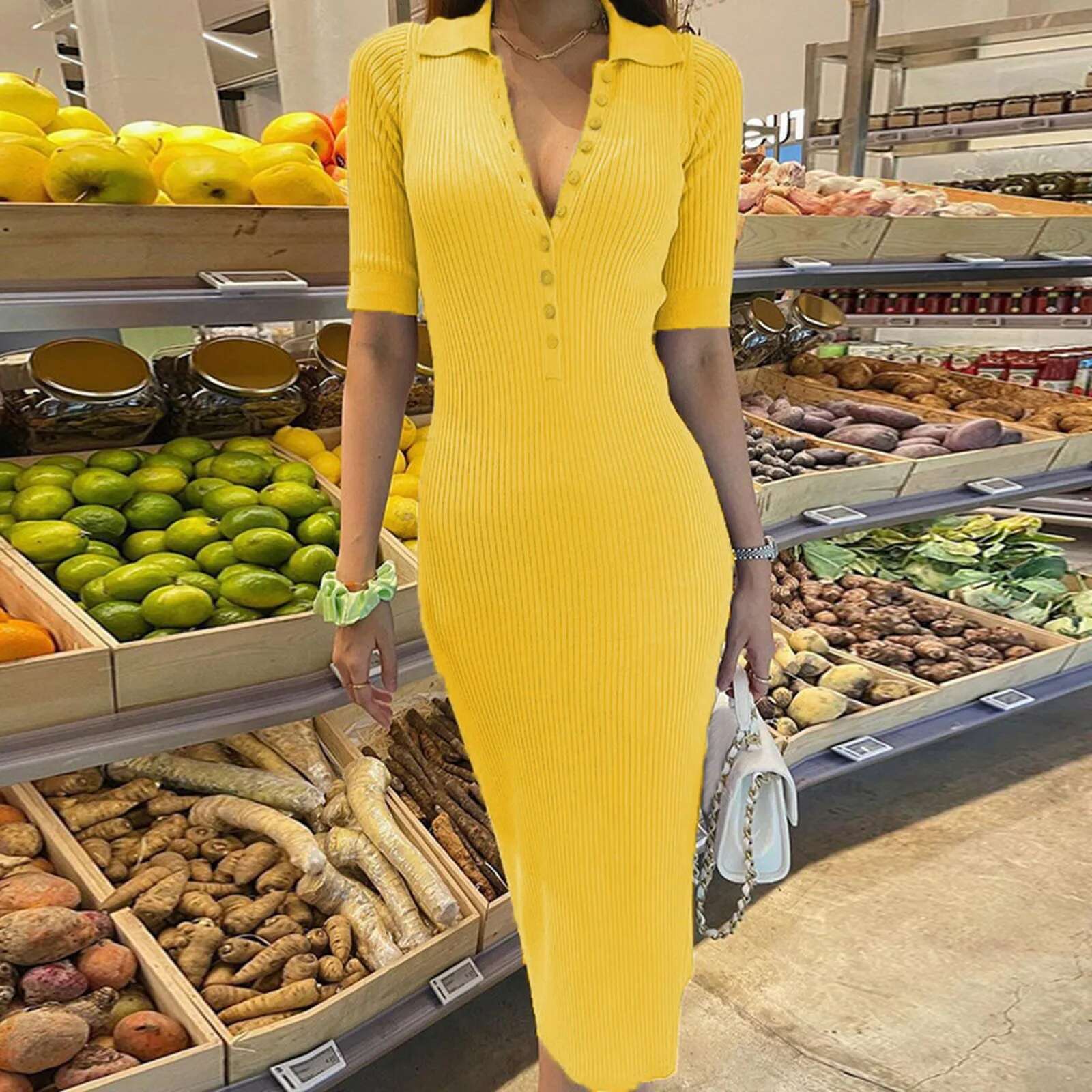Dongdumaoyi Ribbed Knitted Dress Women V Neck Buttons Solid Color Short Sleeve Dresses Party Spring Autumn Slim Bodycon Vestidos Robes