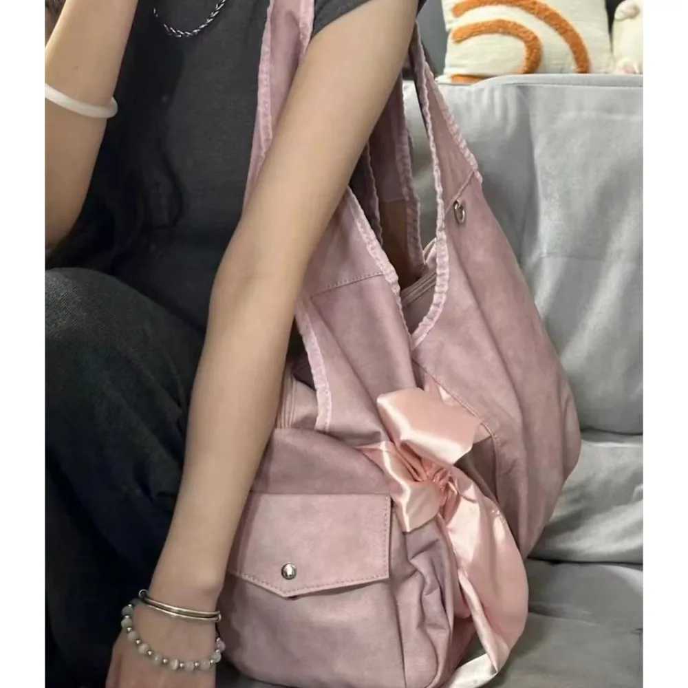 JIAERDI Harajuku Large Capacity Handbag Womens Fairycore Aesthetic Bow Unique Grey Handbag Womens Retro Cute Shoulder Bag New W250421