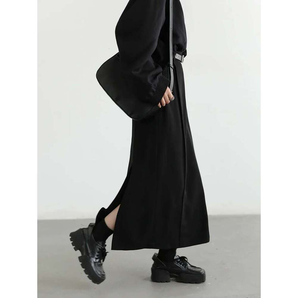 CHIC VEN Women's Skirts Loose High Waist Pleated Straight Tube Skirt Slit Black Female Clothes Office Lady Autumn Winter 2024