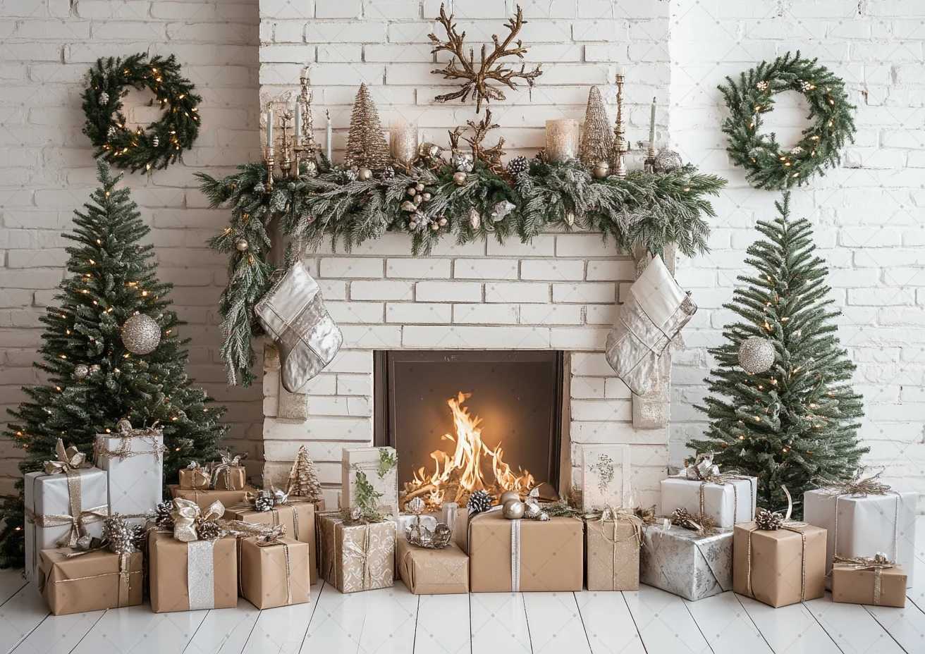 Christmas Fireplace Photography Background Custom New Year White Wall Christmas Tree Child Adult Party Decor Backdrop Photo PropM251125