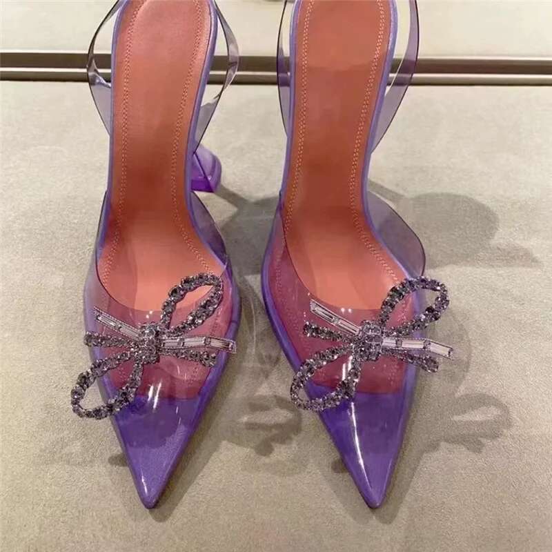Summer new pointed rhinestone bow transparent PVC fashion slippers wine glass high-heeled banquet dress large size women sandals