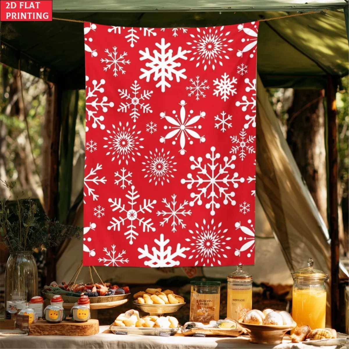 Red snowflake winter pattern tapestry Christmas holiday wall art festive decor home decoration living roomM251125