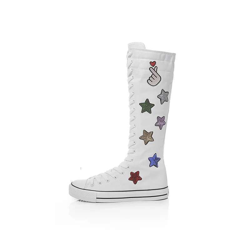Spring and summer new long tie side zipper knee boots casual flat inner heightening large size embroidered canvas women's shoes